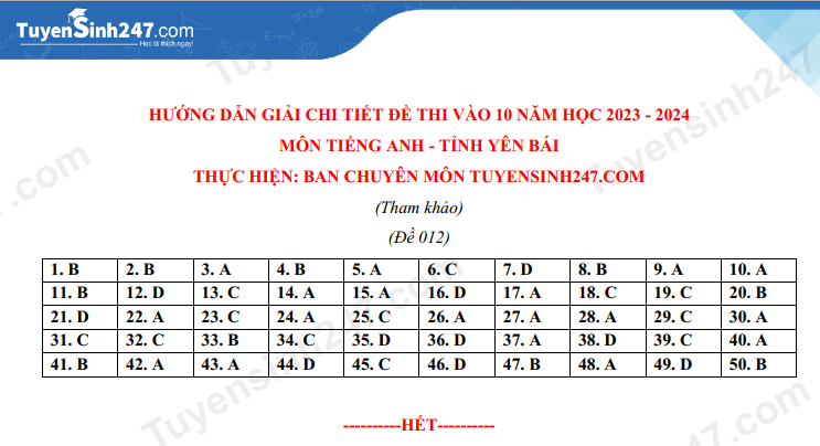 Dap an de thi mon Anh tinh Yen Bai 2023 vao lop 10