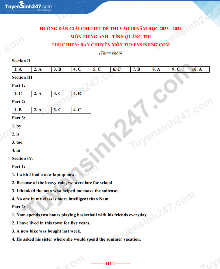 Dap an de thi vao lop 10 mon Anh nam 2023 - Quang Tri
