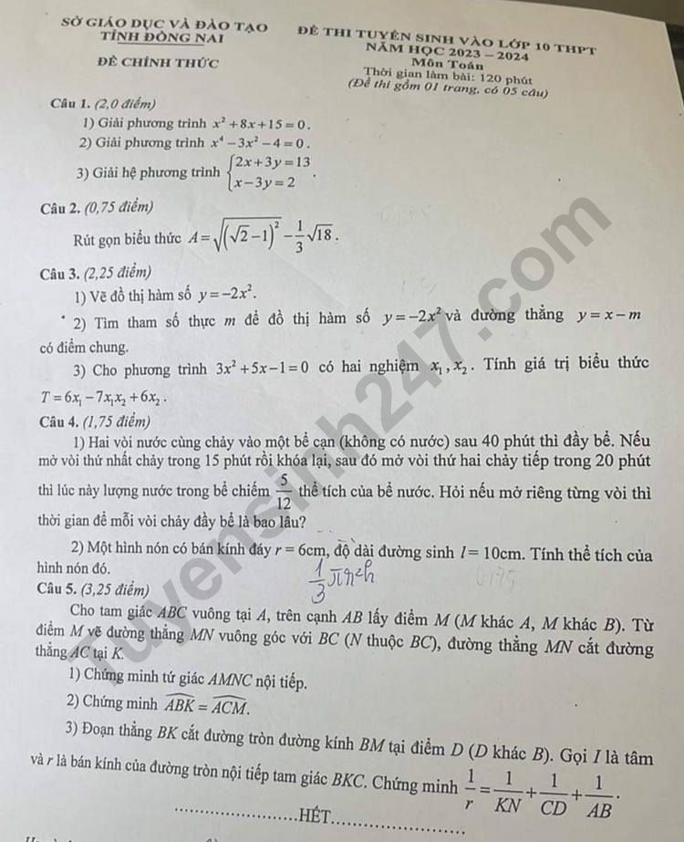Dap an de thi vao lop 10 mon Toan - Dong Nai nam 2023