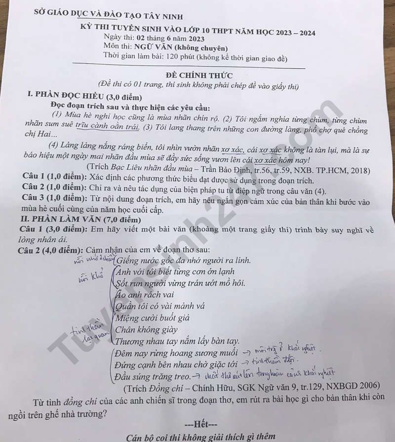 Dap an de thi vao lop 10 mon Van tinh Tay Ninh 2023