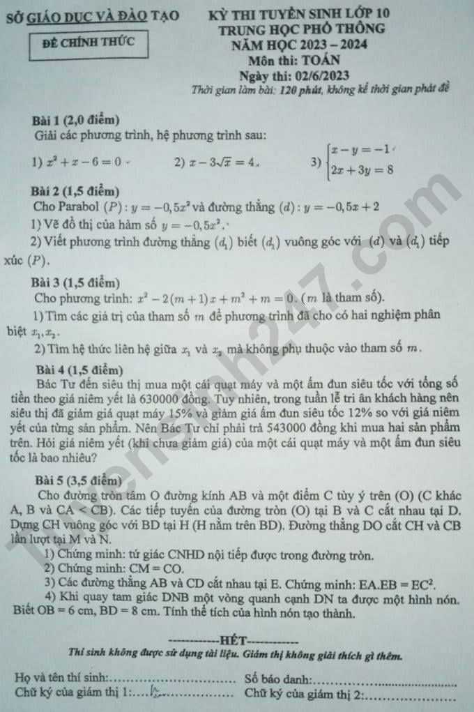 Dap an de thi mon Toan vao lop 10 tinh Binh Duong 2023