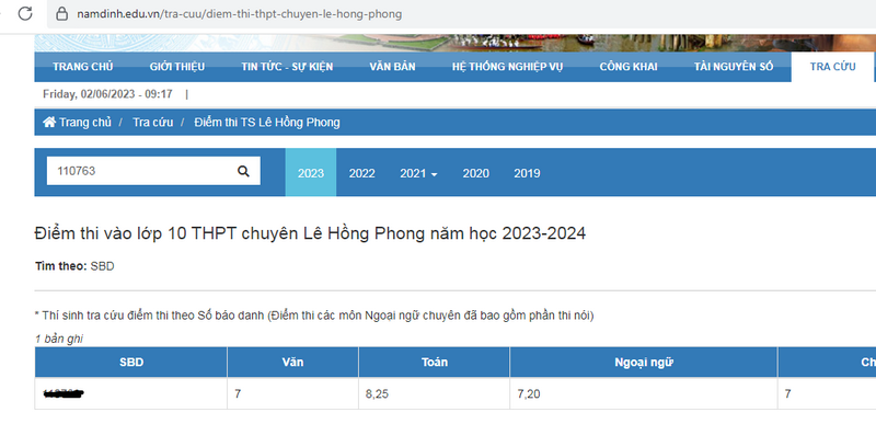 Truong Chuyen dau tien cong bo diem thi vao lop 10 nam 2023