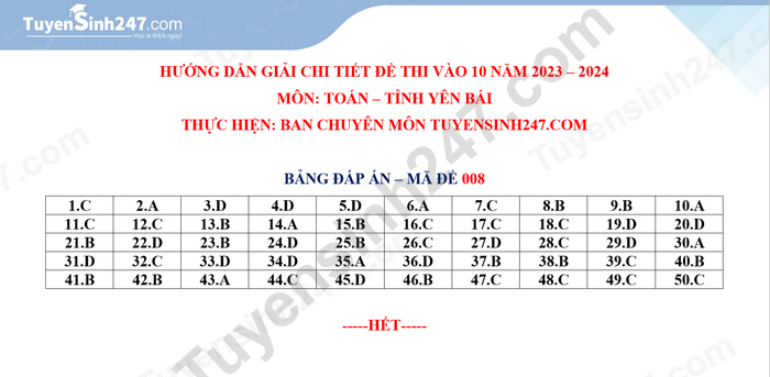 Dap an de thi mon Toan vao lop 10 2023 - tinh Yen Bai