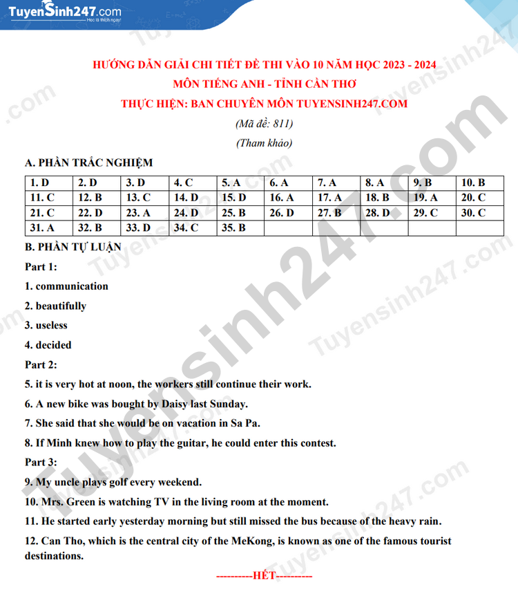 De thi vao lop 10 Can Tho mon Anh 2023 - Co dap an