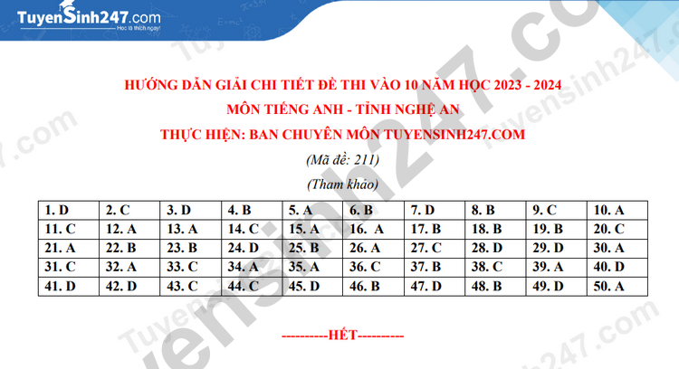 Dap an de thi mon Anh vao lop 10 2023 - Nghe An