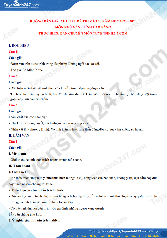 Dap an de thi mon Van vao lop 10 2023 - tinh Cao Bang