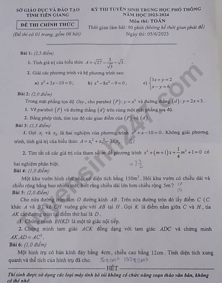 De tuyen sinh vao lop 10 Tien Giang mon Toan 2023 - Co dap an