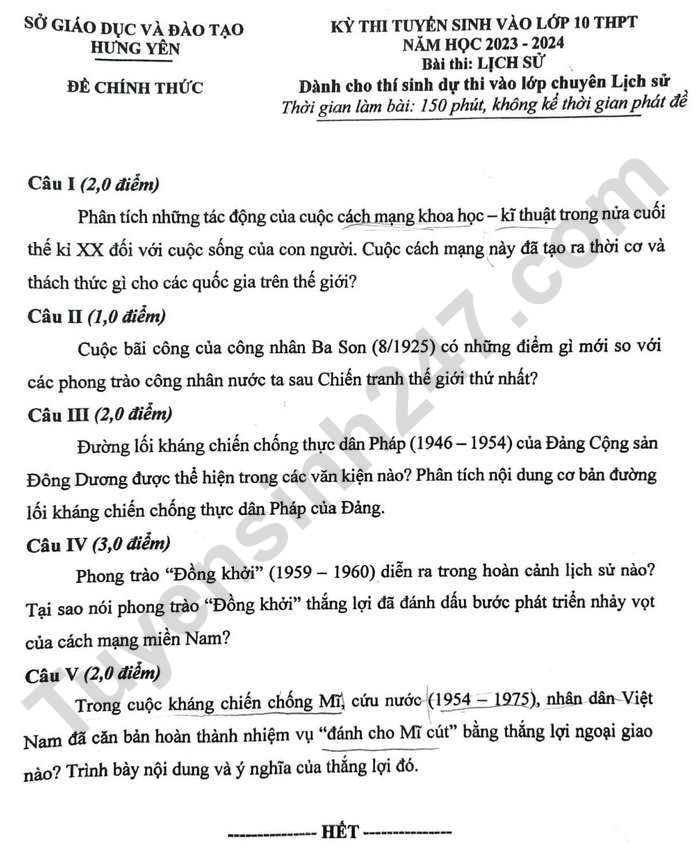 De thi vao lop 10 nam 2023 mon Su chuyen tinh Hung Yen