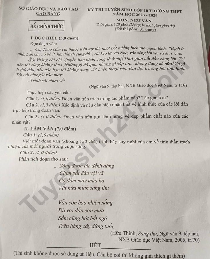 Dap an de thi mon Van vao lop 10 2023 - tinh Cao Bang