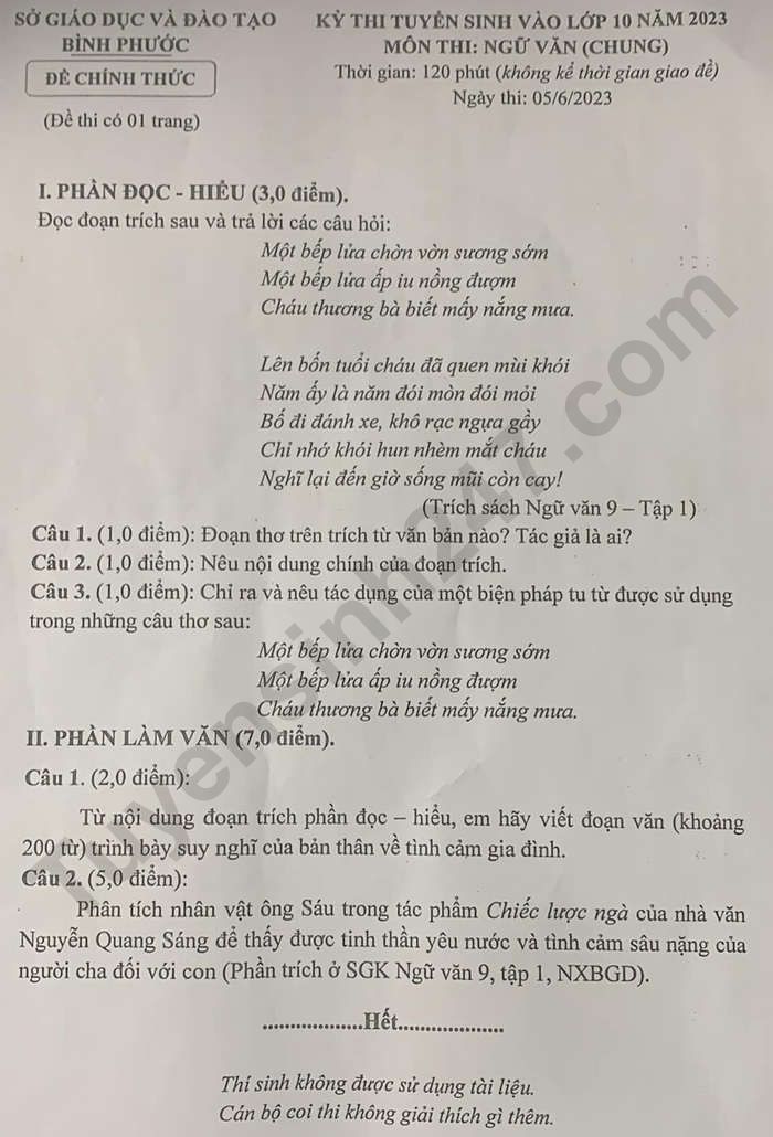 Dap an de thi vao lop 10 mon Van tinh Binh Phuoc 2023