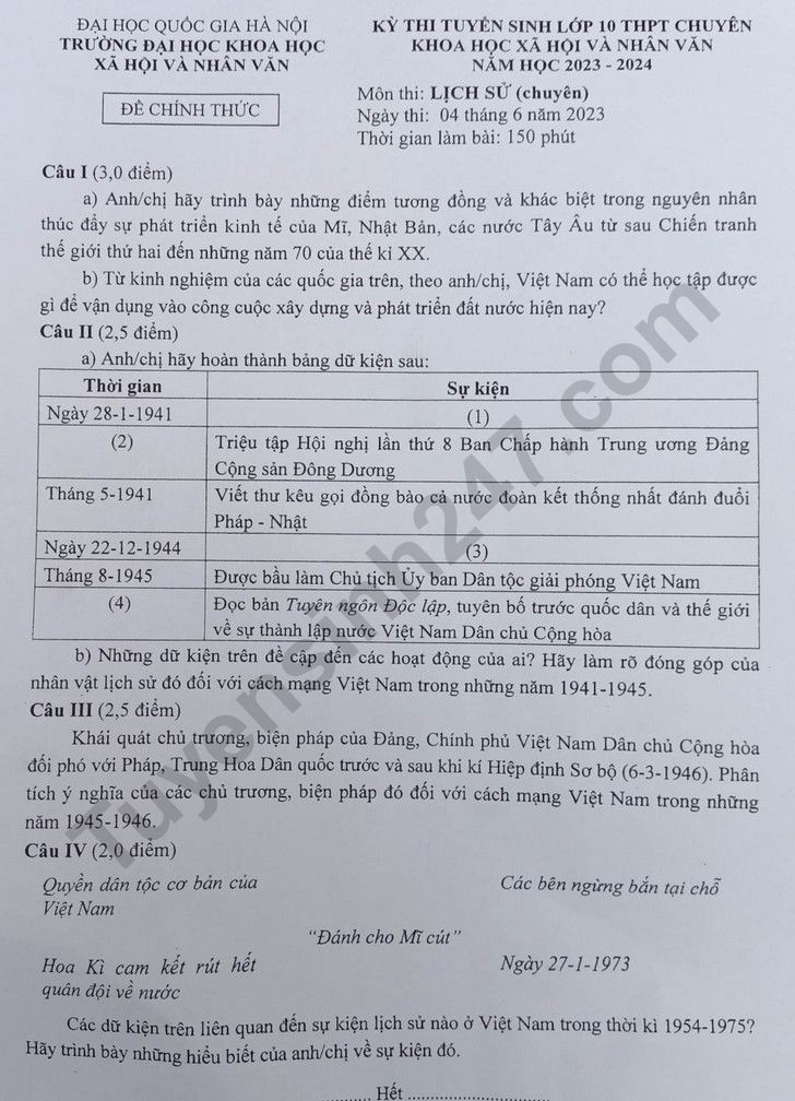 De tuyen sinh vao lop 10 Chuyen Su - THPT Chuyen KHXH va nhan van 2023