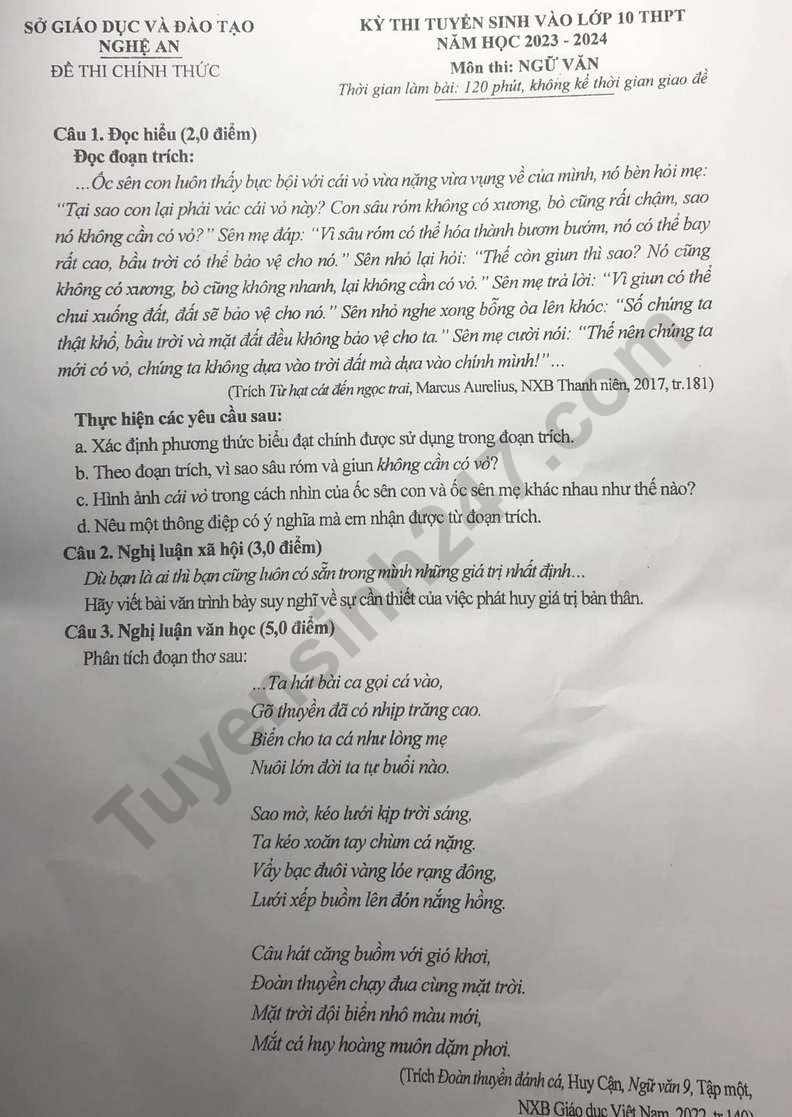 Dap an mon Van thi vao lop 10 tinh Nghe An nam 2023