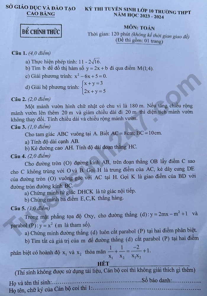 Dap an de thi mon Toan tinh Cao Bang vao lop 10 nam 2023