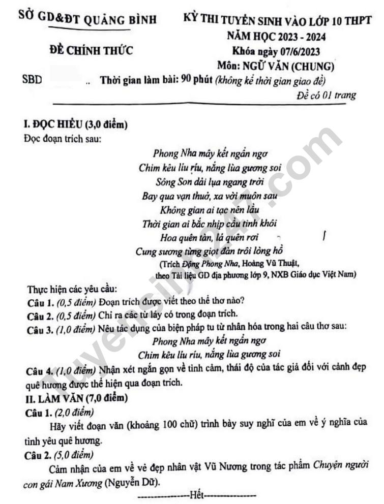 Dap an de thi vao lop 10 mon Van - Quang Binh 2023