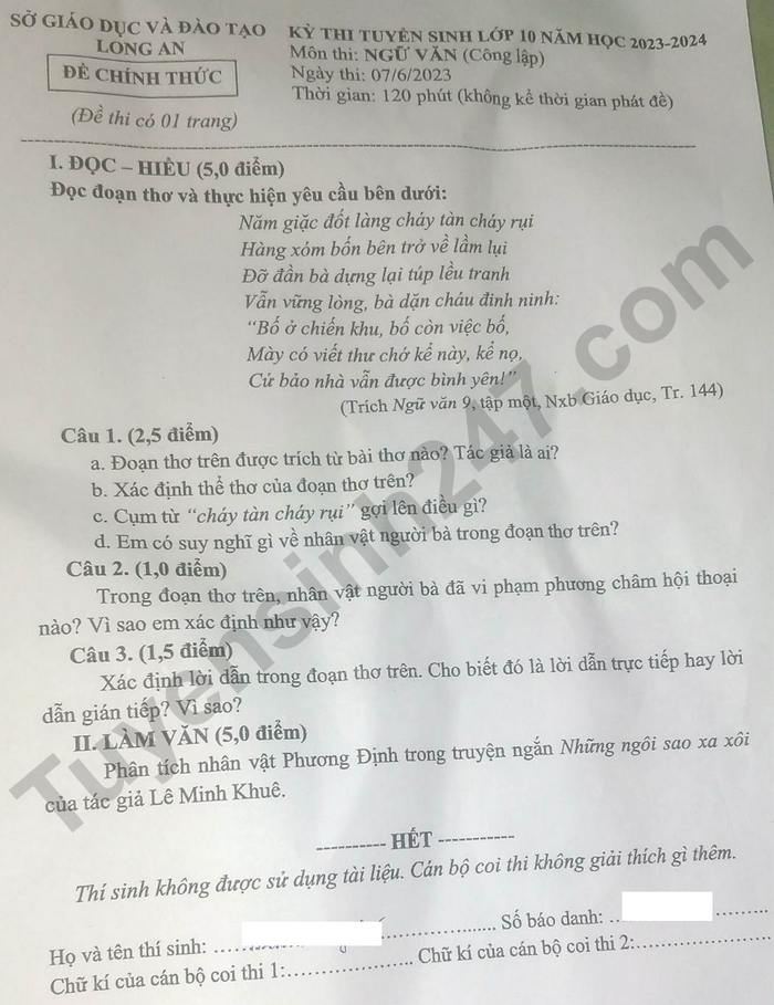 Dap an de thi mon Van - Long An vao lop 10 nam 2023