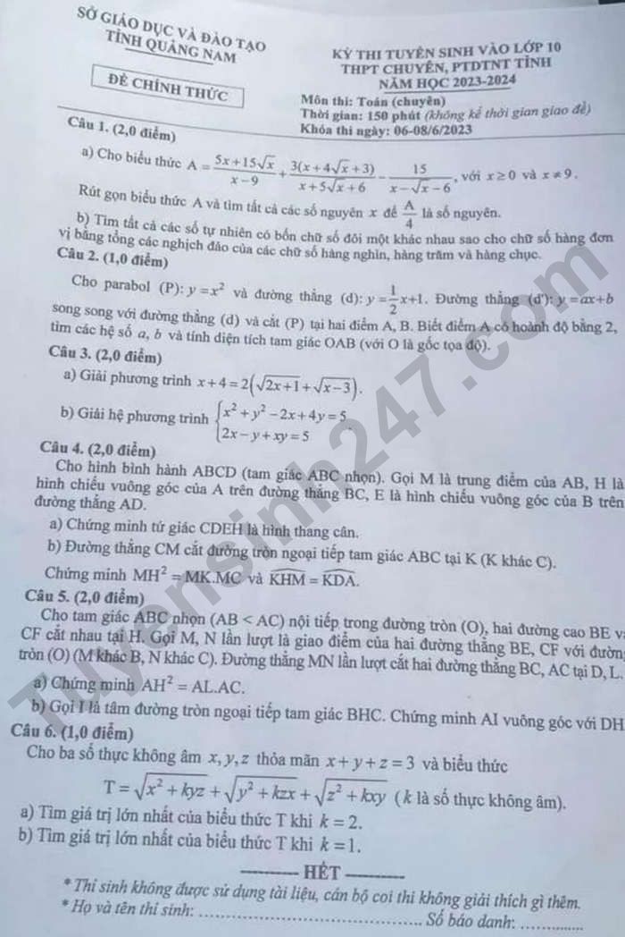 De thi vao lop 10 THPT chuyen 2023 Quang Nam - mon Toan chuyen