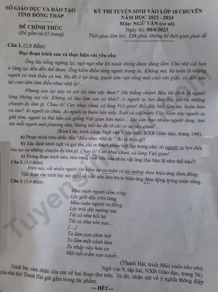 De thi vao lop 10 Chuyen mon Van nam 2023 - Dong Thap