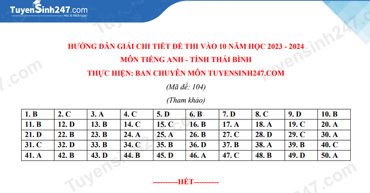 Dap an de thi mon Anh vao lop 10 tinh Thai Binh nam 2023