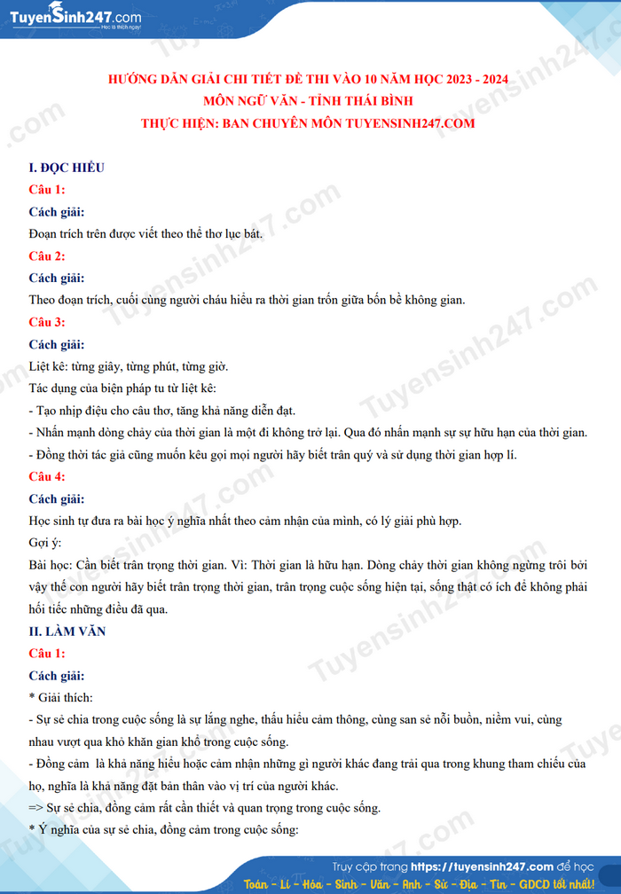 Dap an de thi vao lop 10 nam 2023 mon Van - Thai Binh