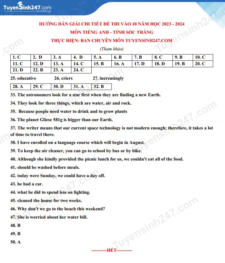 Dap an de thi vao lop 10 tinh Soc Trang mon Anh 2023