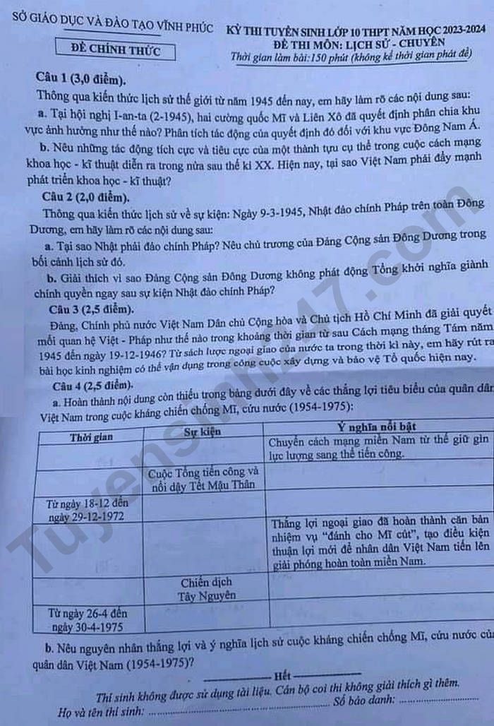De thi tuyen sinh lop 10 tinh Vinh Phuc 2023 - mon Su chuyen