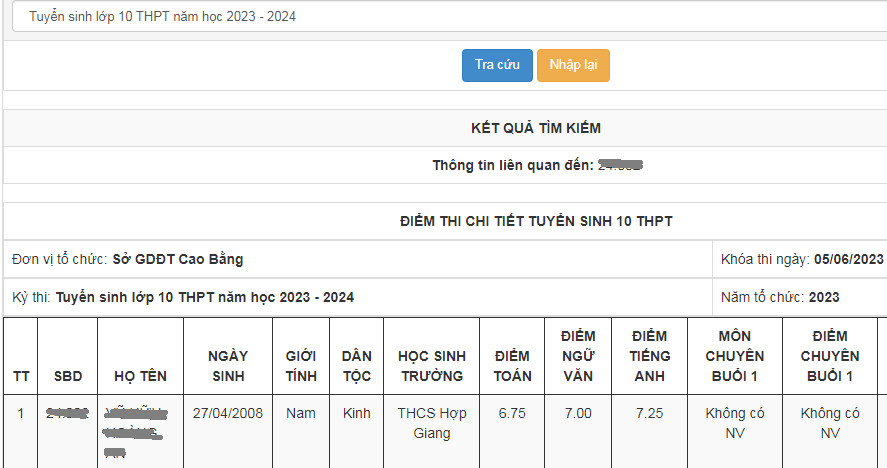 Da co diem thi vao lop 10 Cao Bang 2023
