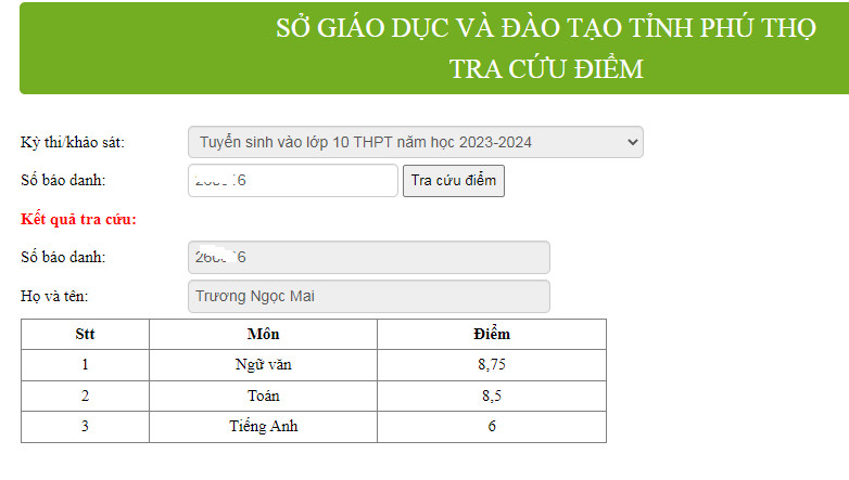 Da co diem thi vao lop 10 tinh Phu Tho nam 2023