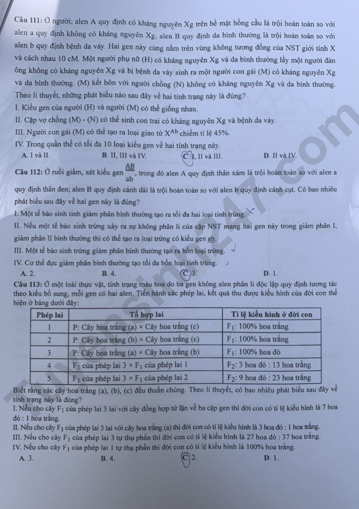 Dap an de thi tot nghiep THPT mon Sinh - Ma de 214 nam 2023