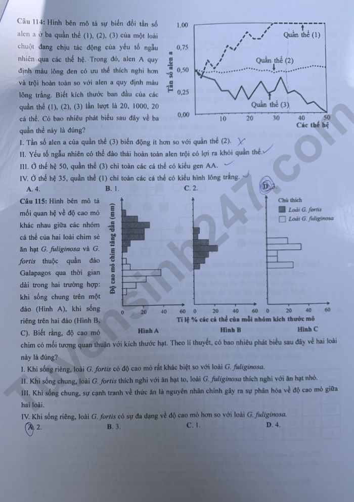 Dap an de thi tot nghiep THPT mon Sinh - Ma de 214 nam 2023