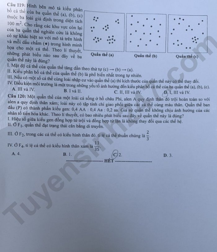 Dap an de thi tot nghiep THPT mon Sinh - Ma de 214 nam 2023
