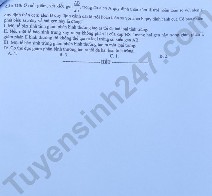 Dap an de thi tot nghiep THPT mon Sinh - Ma de 215 nam 2023