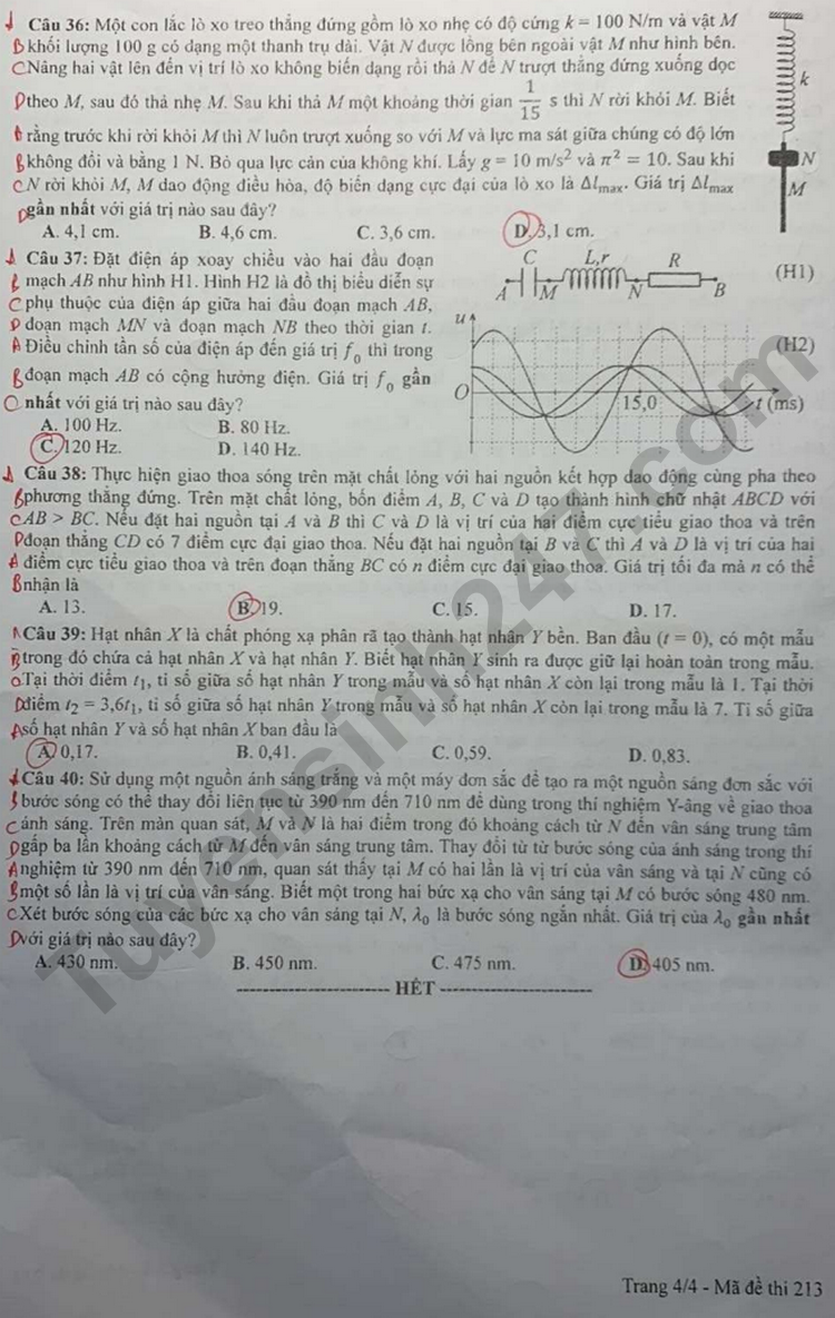 Dap an de thi mon Ly - Ma de 213 tot nghiep THPT 2023