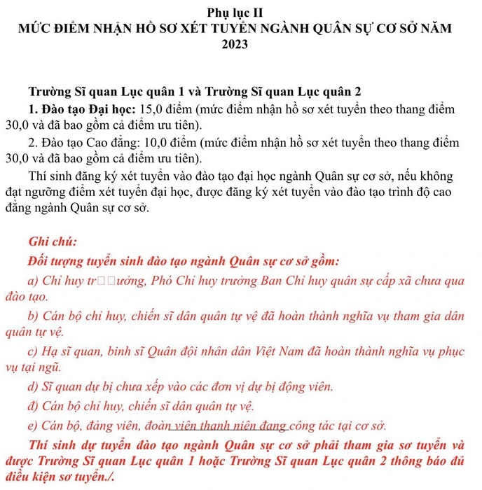 Diem san xet tuyen vao cac truong Quan doi 2023 - Tat ca cac truong