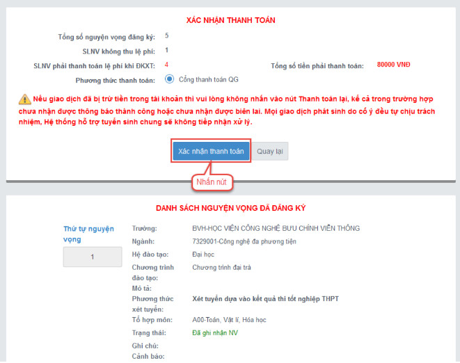 Huong dan thanh toan truc tuyen le phi xet tuyen Dai hoc 2023