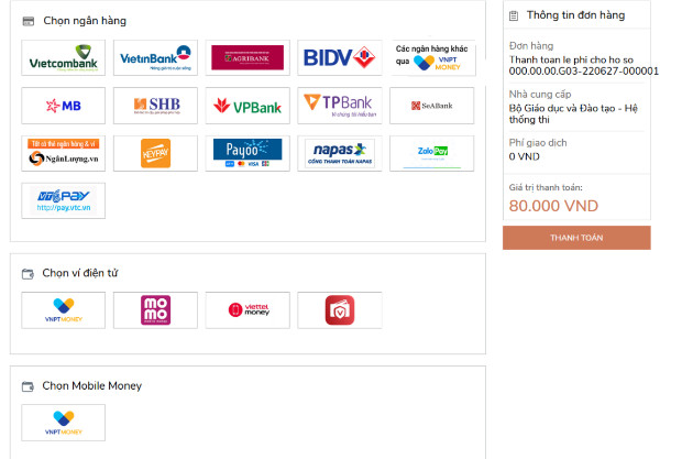 Huong dan thanh toan truc tuyen le phi xet tuyen Dai hoc 2023