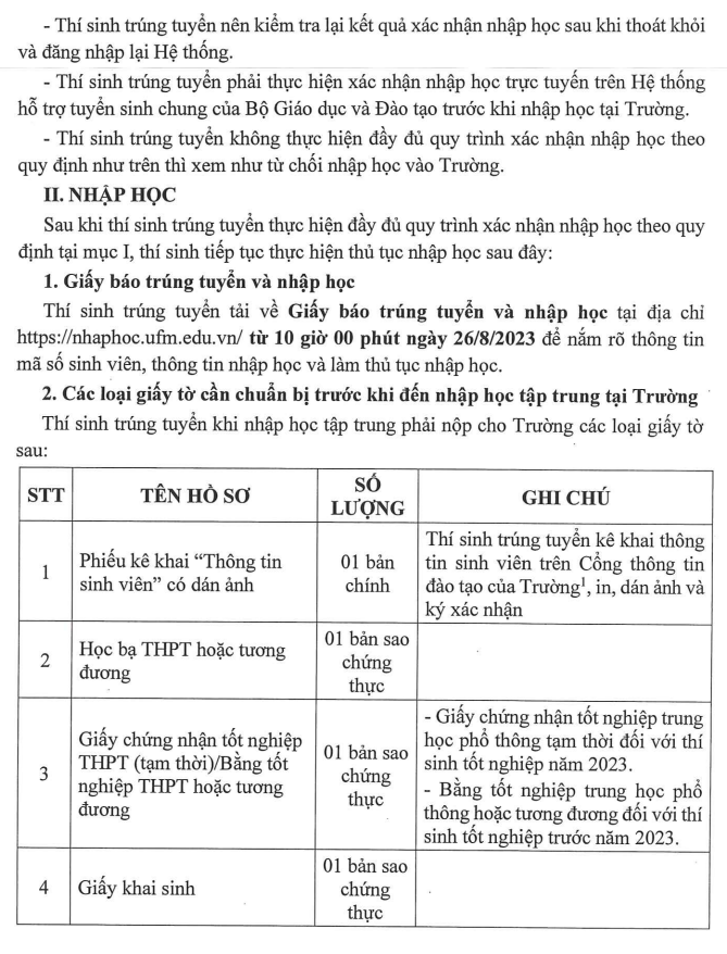 Ho so nhap hoc DH Tai Chinh - Marketing nam 2023
