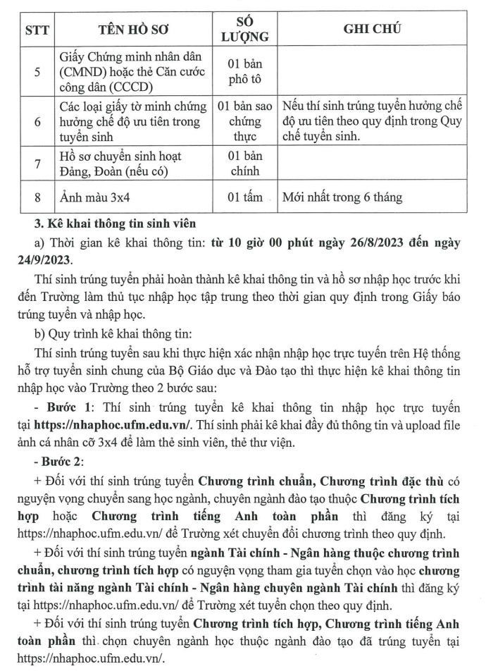 Ho so nhap hoc DH Tai Chinh - Marketing nam 2023