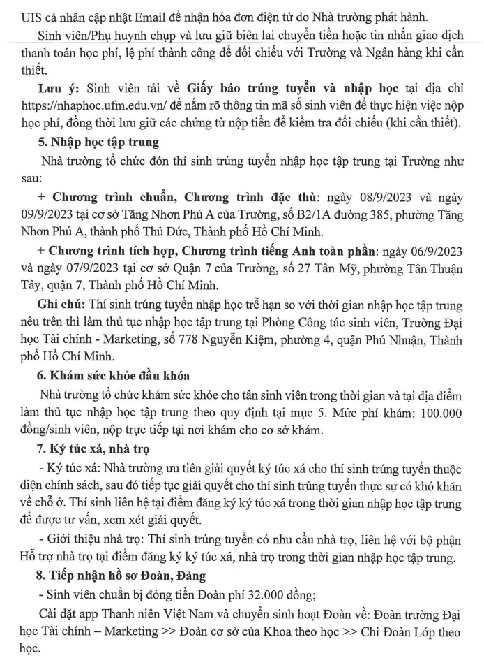 Ho so nhap hoc DH Tai Chinh - Marketing nam 2023