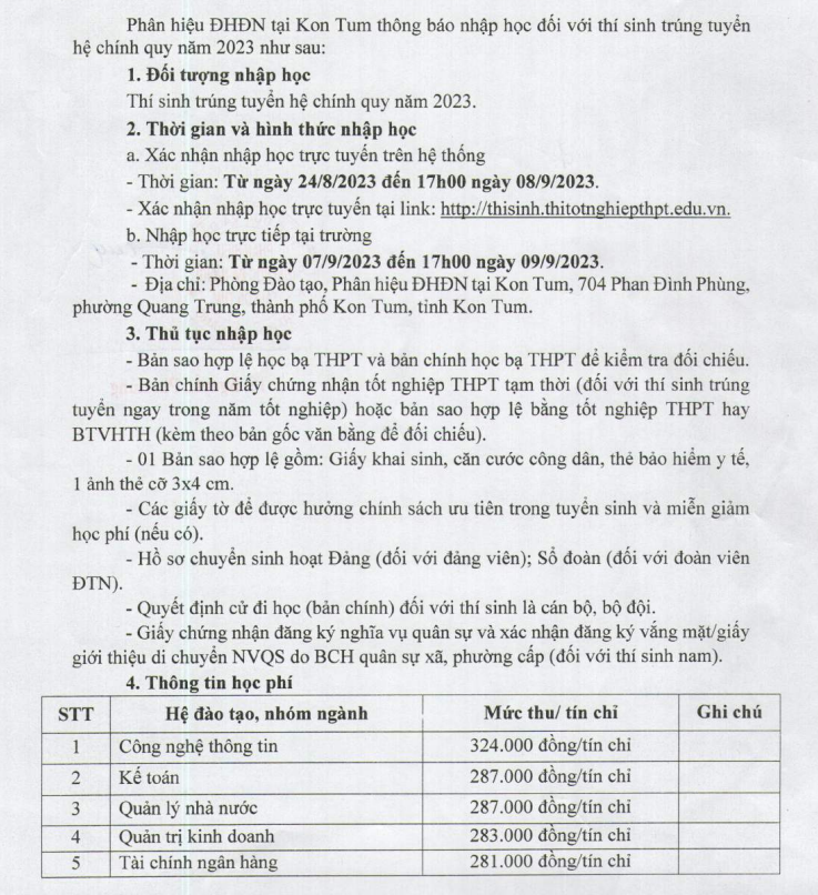 Phan hieu DH Da Nang tai Kon Tum huong dan nhap hoc nam 2023