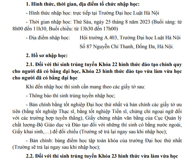 Ho so nhap hoc Dai hoc Luat Ha Noi nam 2023