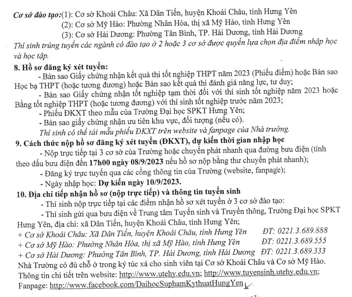 Thong tin xet tuyen bo sung Dai hoc Su pham ky thuat Hung Yen 2023
