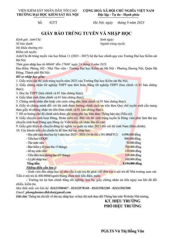 Ho so nhap hoc Dai hoc Kiem sat Ha Noi nam 2023