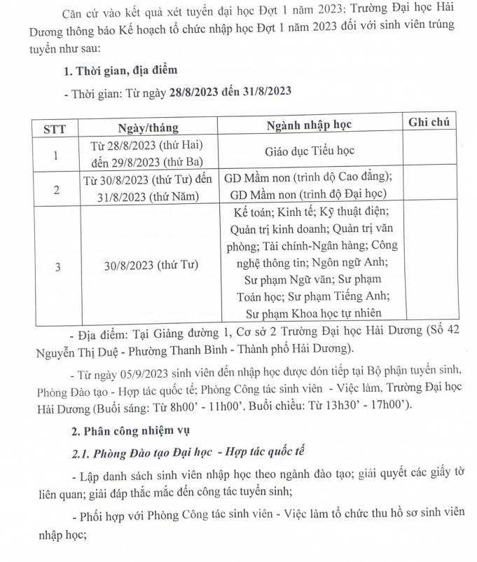 Ho so nhap hoc Dai hoc Hai Duong nam 2023