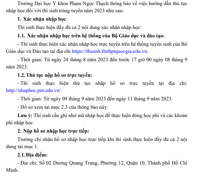 Ho so nhap hoc Dai hoc Y Khoa Pham Ngoc Thach 2023