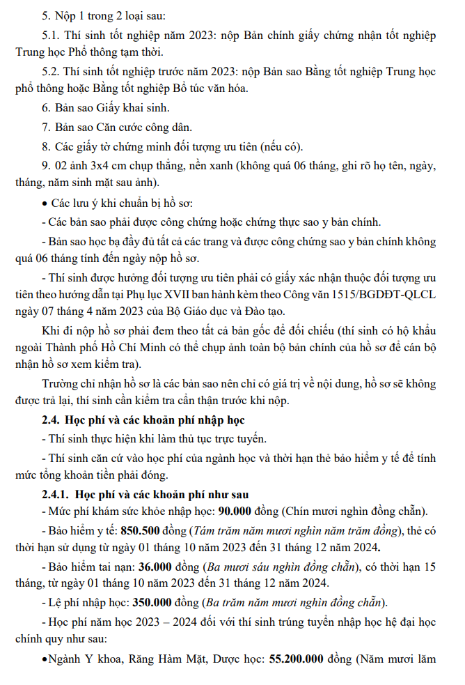 Ho so nhap hoc Dai hoc Y Khoa Pham Ngoc Thach 2023