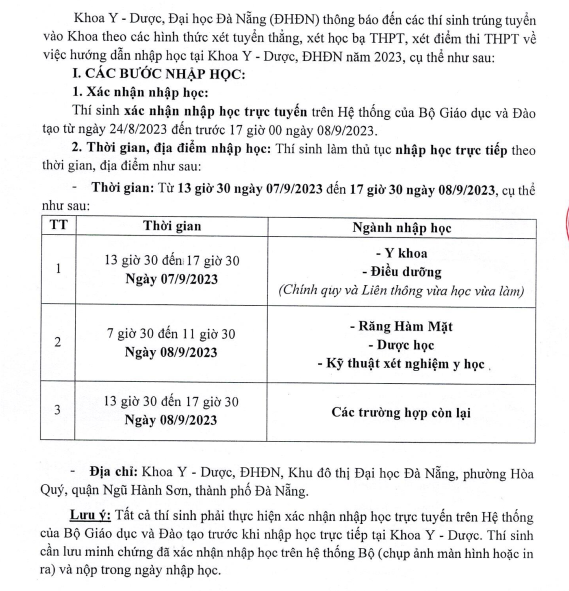 Ho so nhap hoc Khoa Y Duoc - DH Da Nang nam 2023