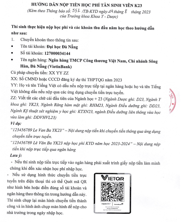 Ho so nhap hoc Khoa Y Duoc - DH Da Nang nam 2023