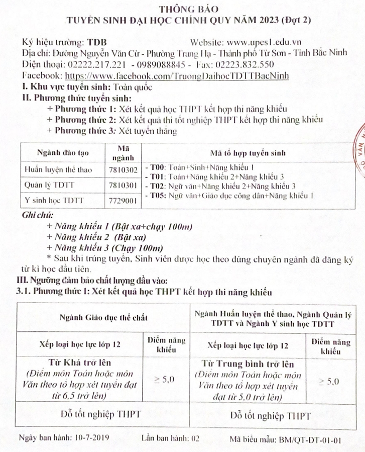 Dai hoc The duc the thao Bac Ninh tuyen bo sung nam 2023
