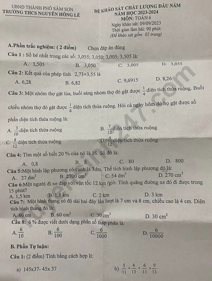 De khao sat dau nam lop 6 mon Toan 2023 - THCS Nguyen Hong Le