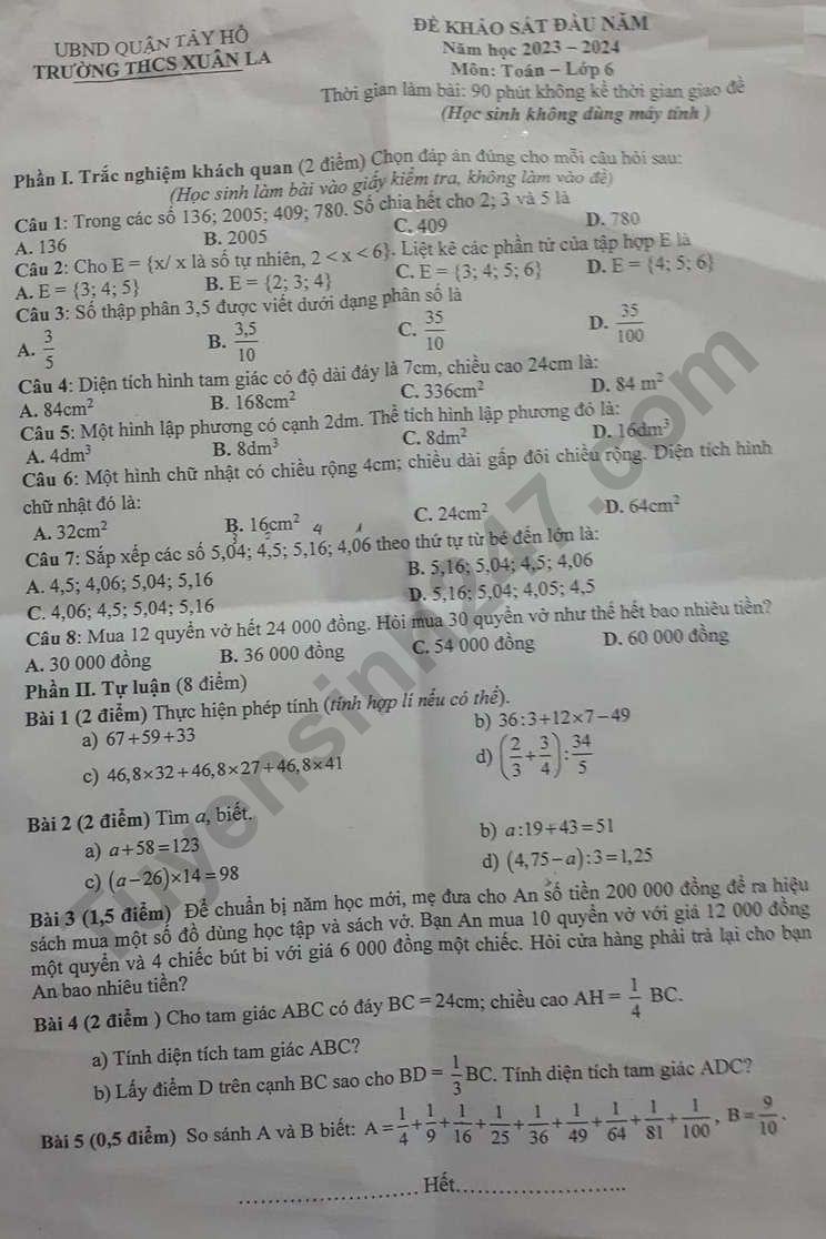 De KSCL dau nam mon Toan lop 6 nam 2023 - THCS Xuan La